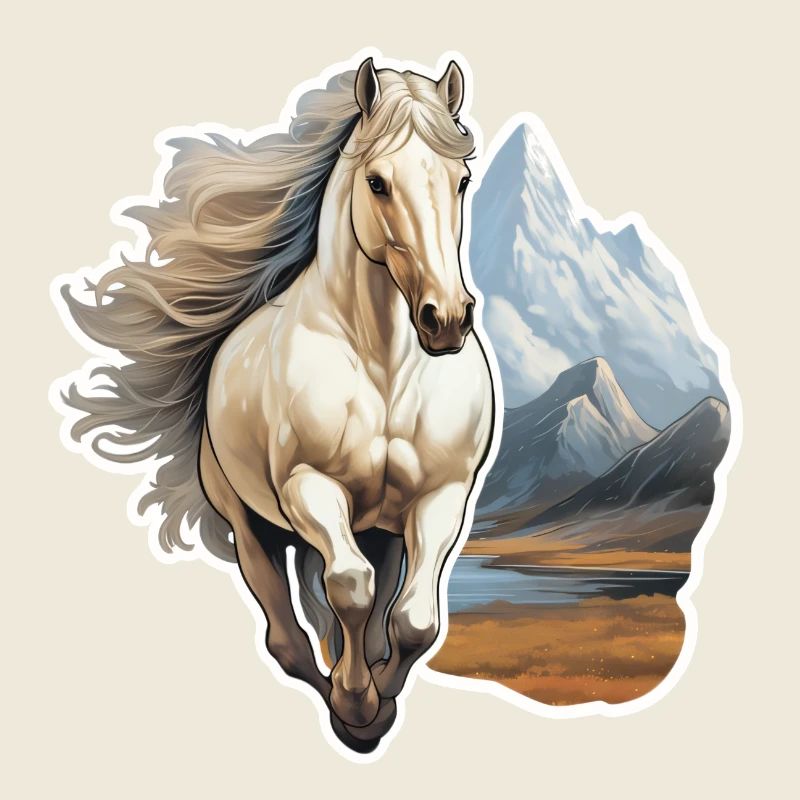 Cheval sauvage devant une chaîne de montagnes