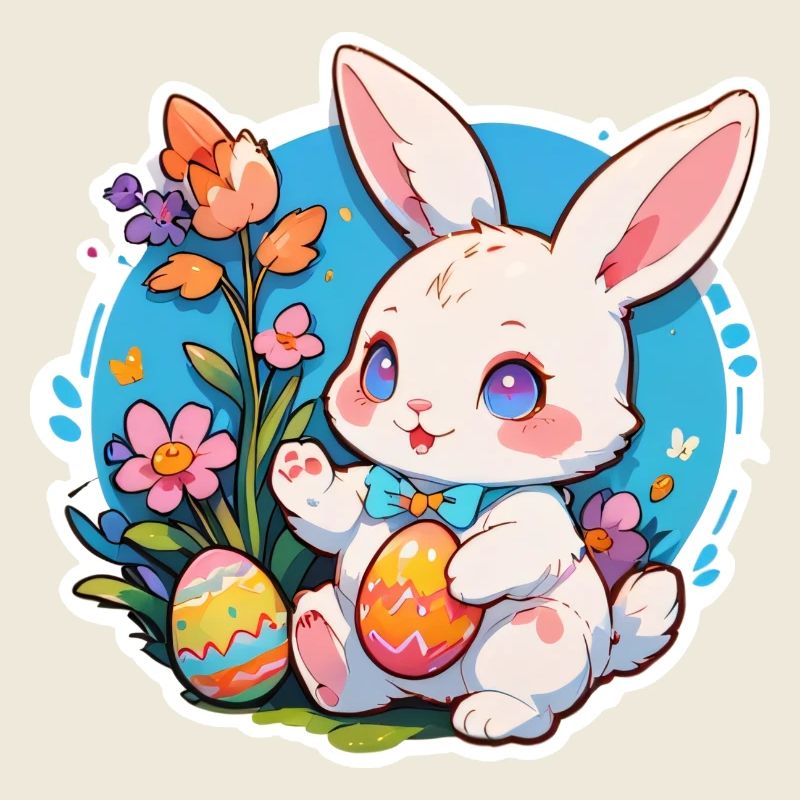 Osterhase sitzend mit Ostereiern