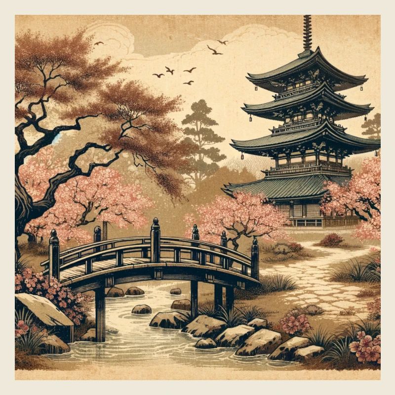 Pagode japonaise vintage en fleurs de cerisier