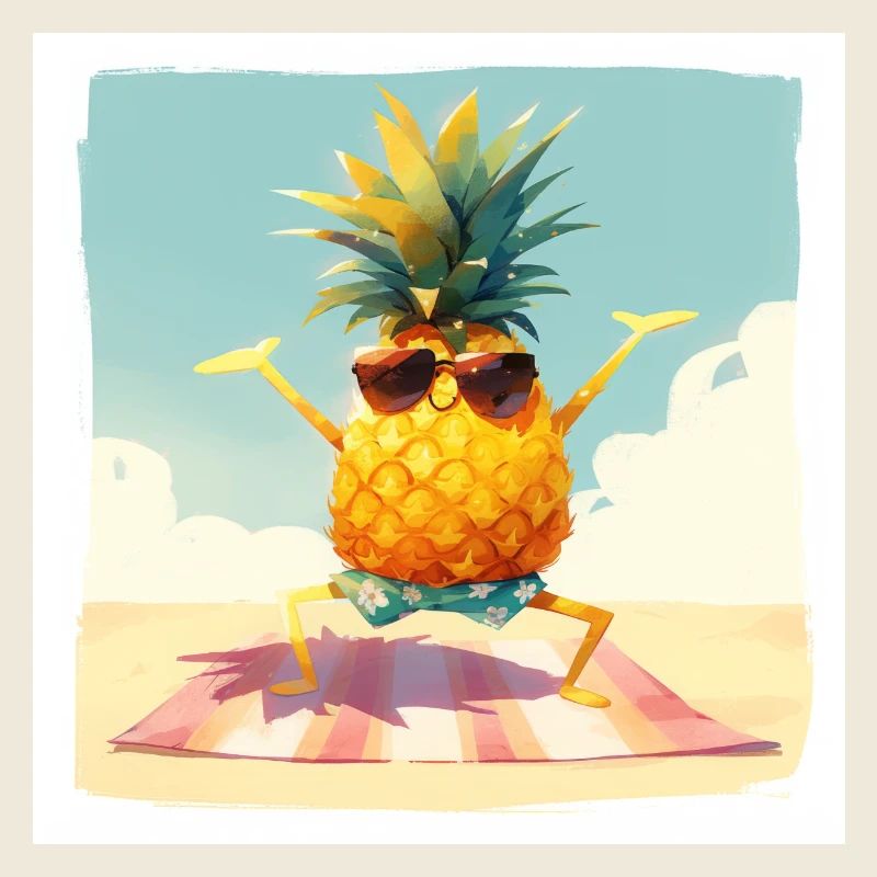 Drôle d’ananas dansant/faisant de l’exercice sur la plage