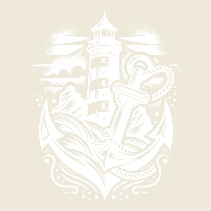 Glowing lighthouse on the coast with anchor