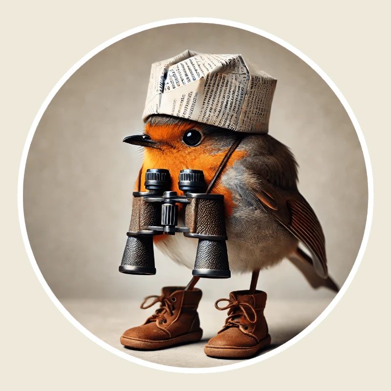 Robin avec chapeau de journal et jumelles
