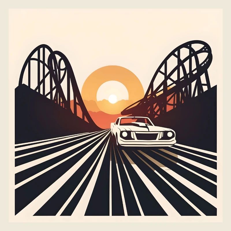 Retro Car + Roller Coaster in Sunset