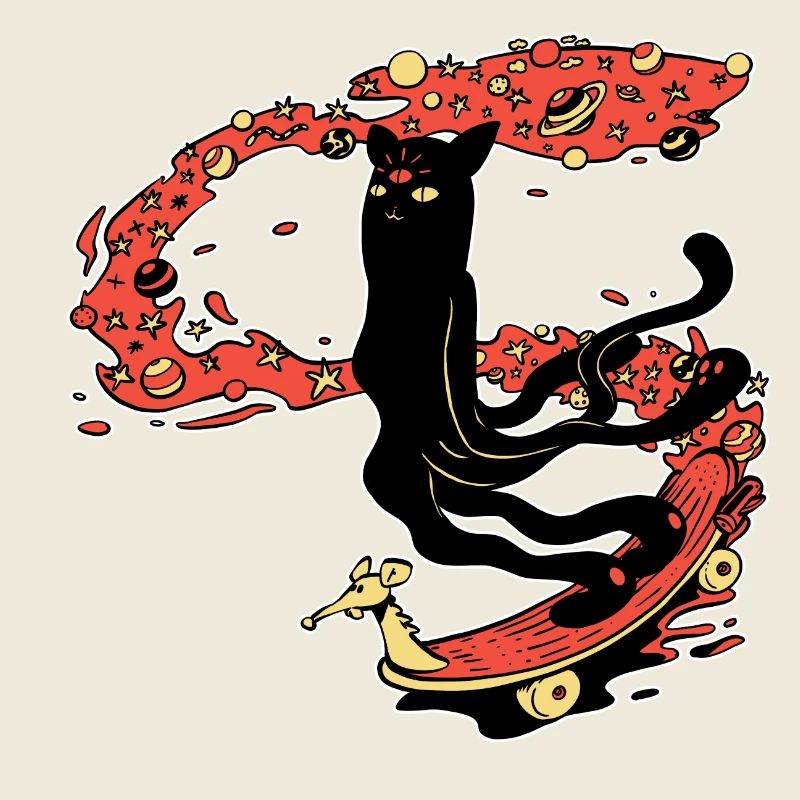 Le chat mou fait du skate dans l'espace