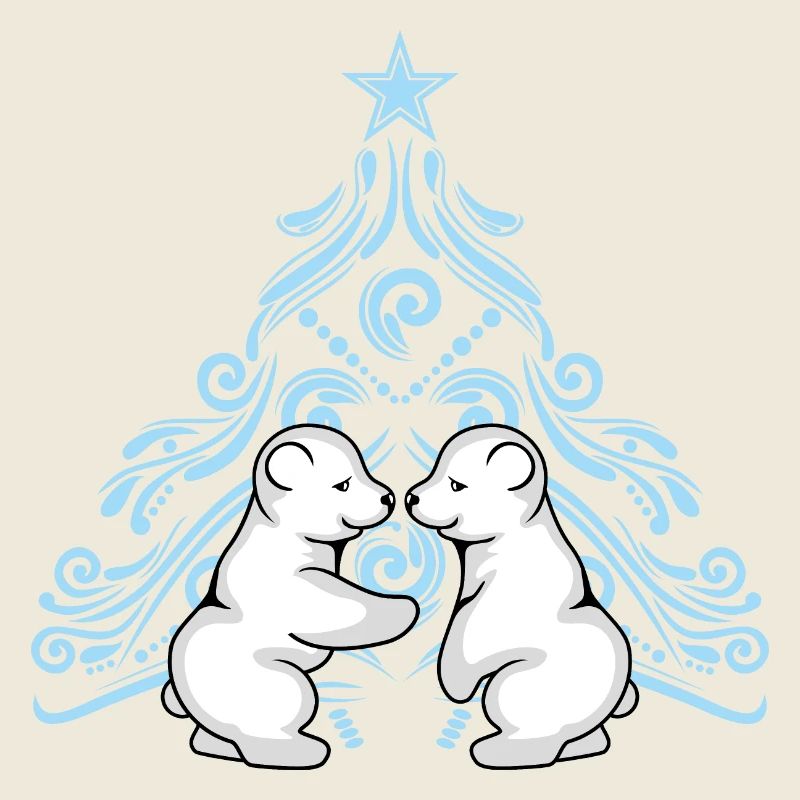 Zwei Eisbärenbabys umarmen sich in der Nähe eines Weihnachtsbaums