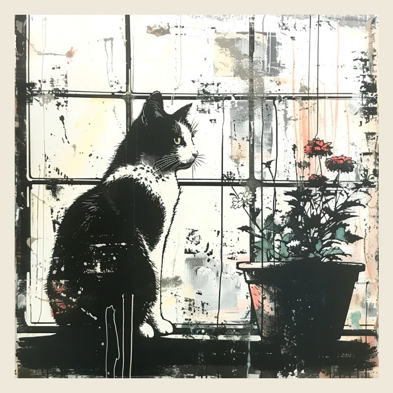 Graffiti Cat Flowerpot Window Street Art bw