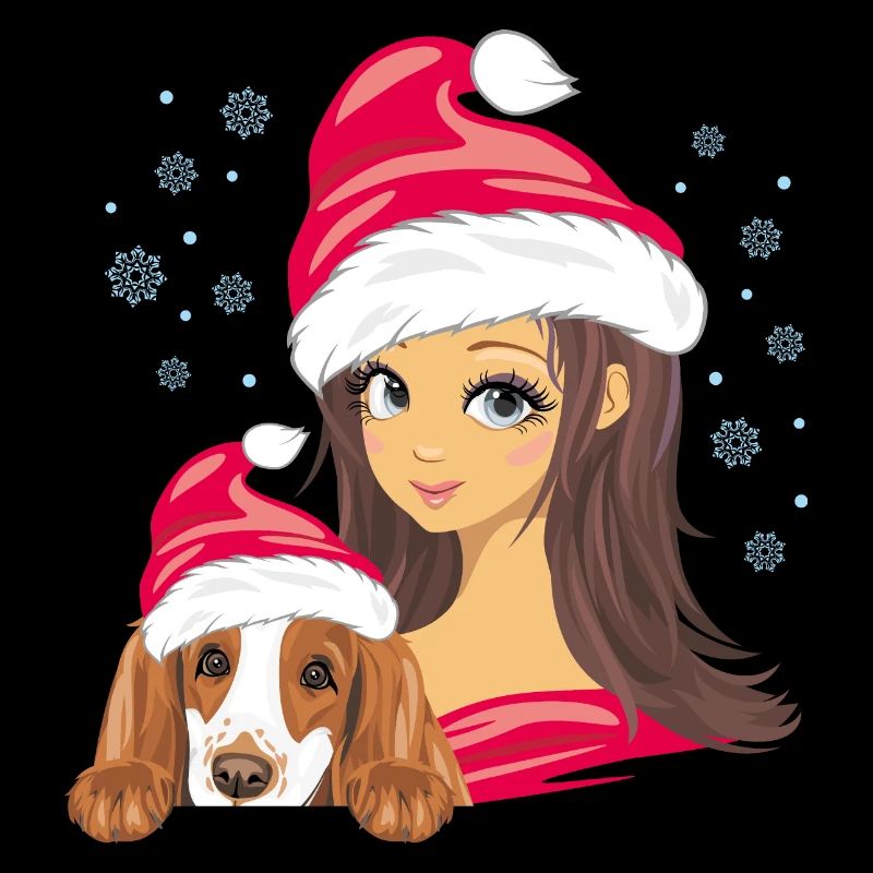 Fille avec un chien cocker épagneul dans des chapeaux de Noël