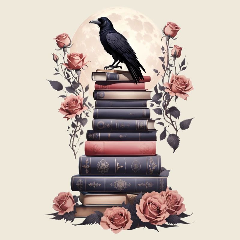 Stack of books with raven