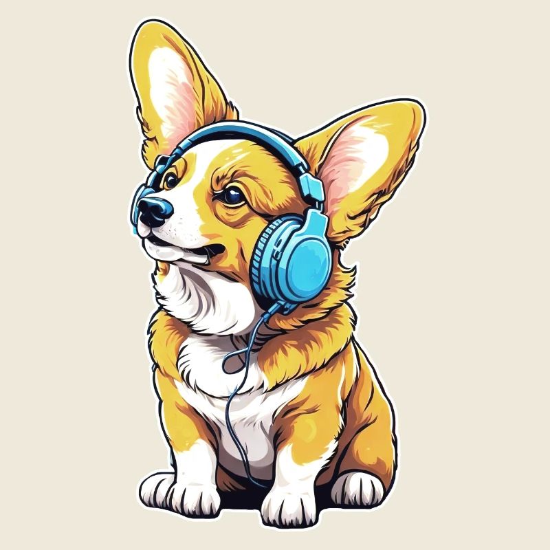 Corgi mit Kopfhörern
