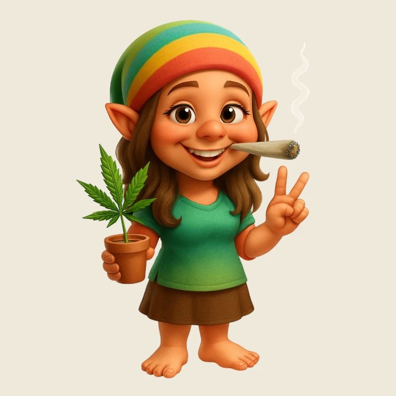 Kiffende Zwergin mit Cannabispflanze