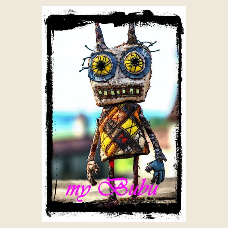 Colorful rag doll with a curious face