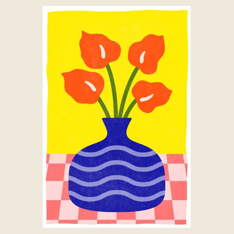Abstrakte Kunst Blauer Topf und Blume Retro-Stil