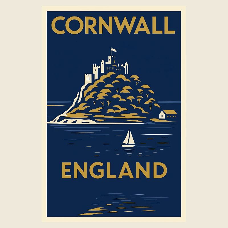 Cornwall, Angleterre – Affiche de voyage Art déco