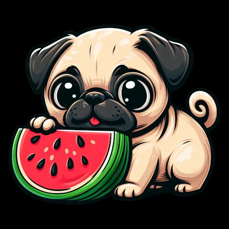 Funny cartoon pug dog eats watermelon