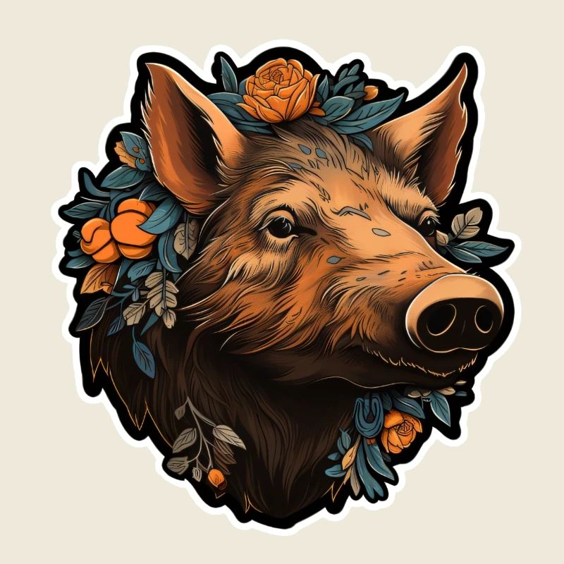 Wild boar's head with flowers