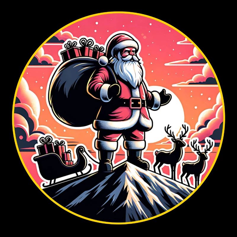 Santa Claus with reindeer on mountain top
