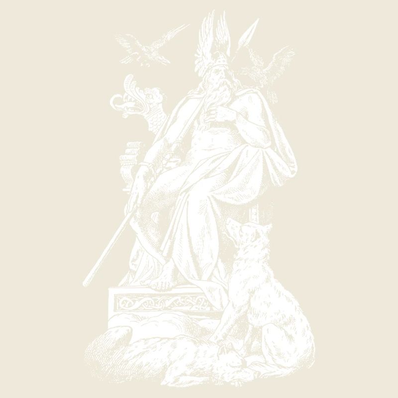 Odin on throne with spears, ravens and wolves
