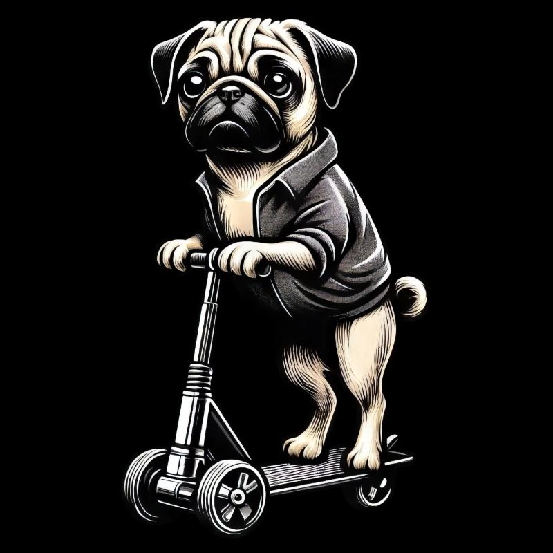 Lustiger Mops auf Roller Comic Hund Cartoon