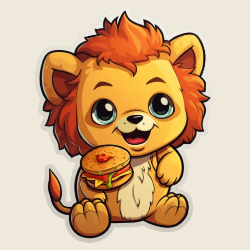 autocollant de dessin animé d’un lion mignon mangeant un hamburger