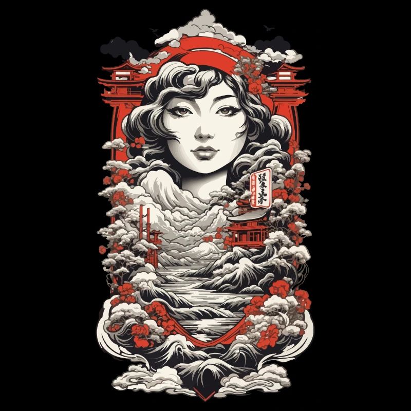 Ukiyo-E Asian Landscape Vintage Kanji