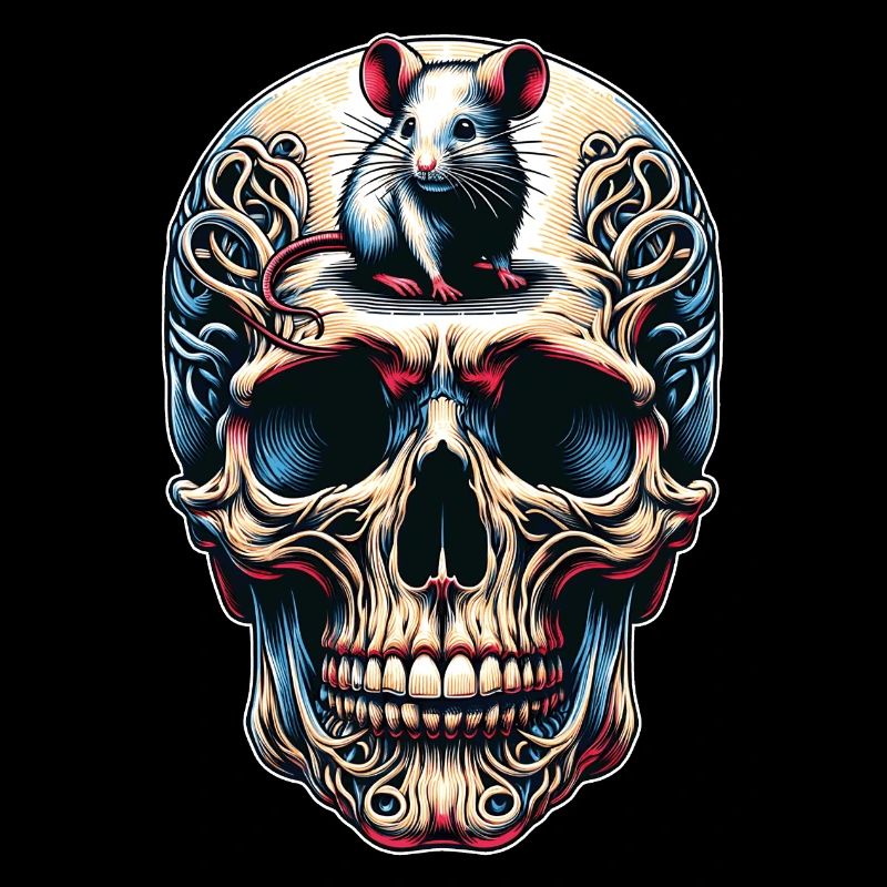 Colorful skull with cute little mouse on the forehead