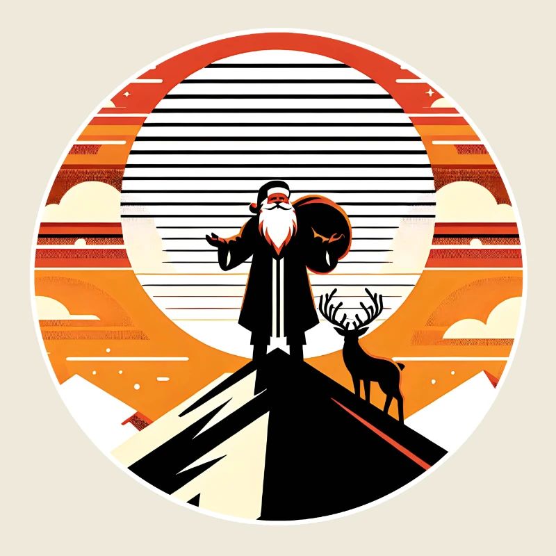 Santa Claus with reindeer on mountain top
