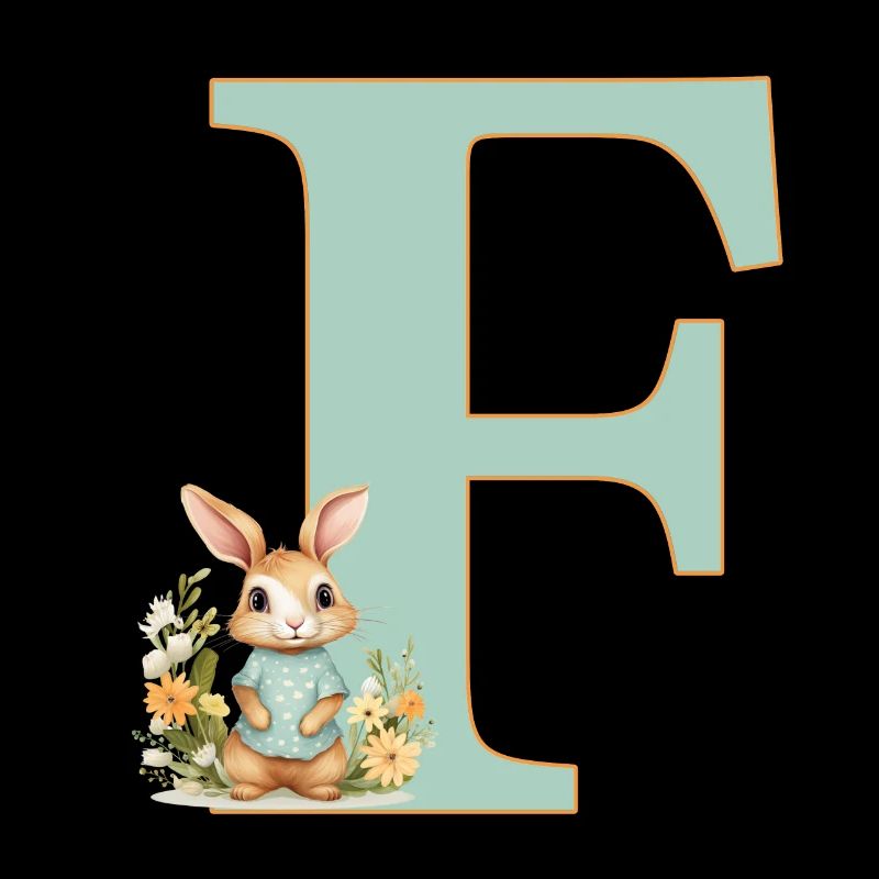 Letter F, Monogram, Flowers, Bunny