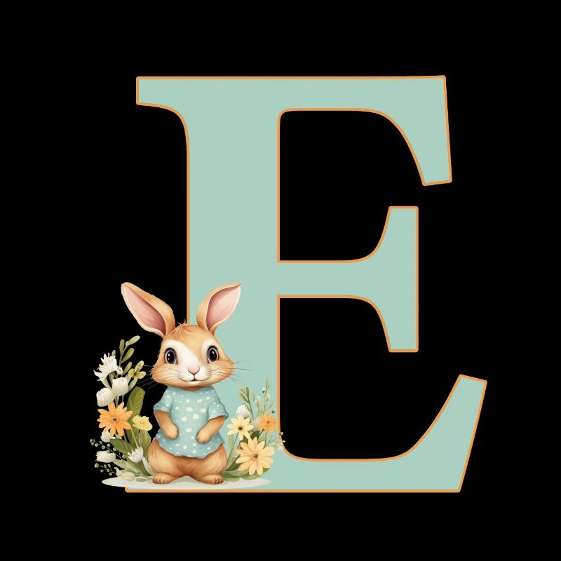 Lettre E, Monogramme, Fleurs, Lapin