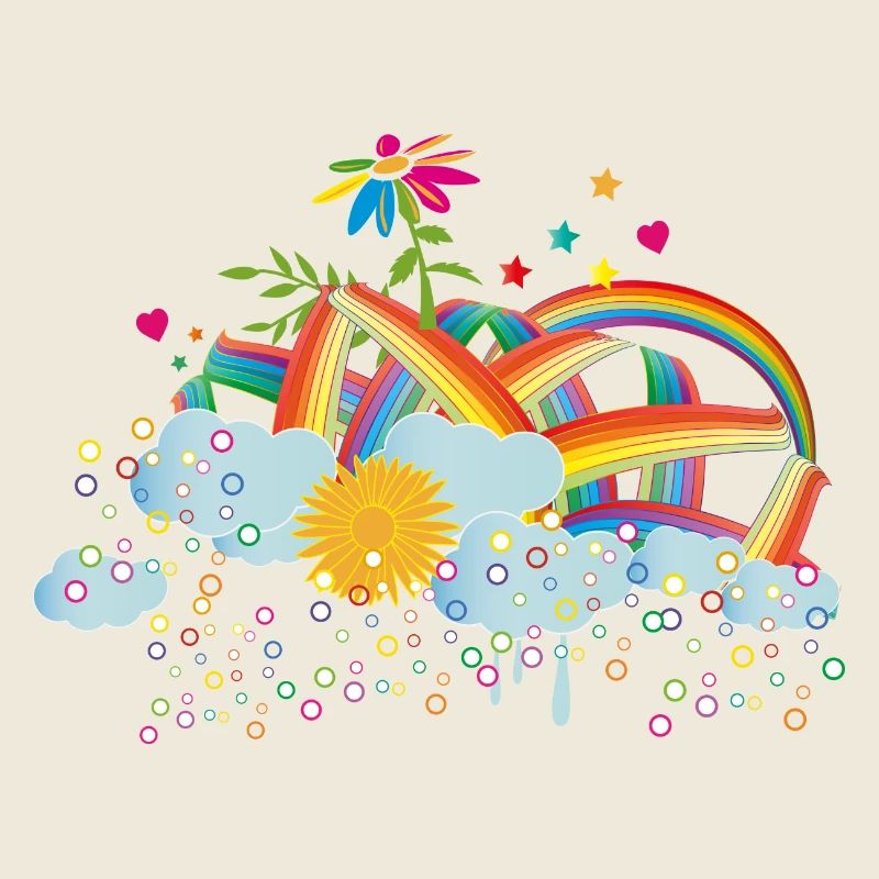 fairytale rainbow sky with clouds & flower