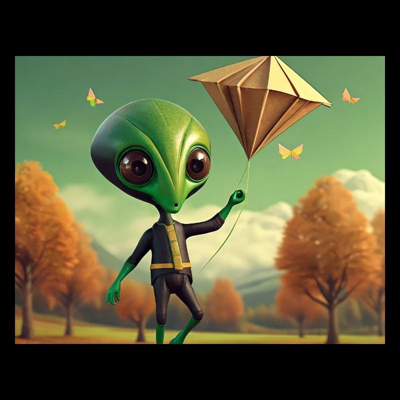 cute little green retro vintage alien fly a kite