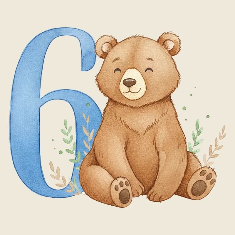 Aquarell Bär mit Zahl 6