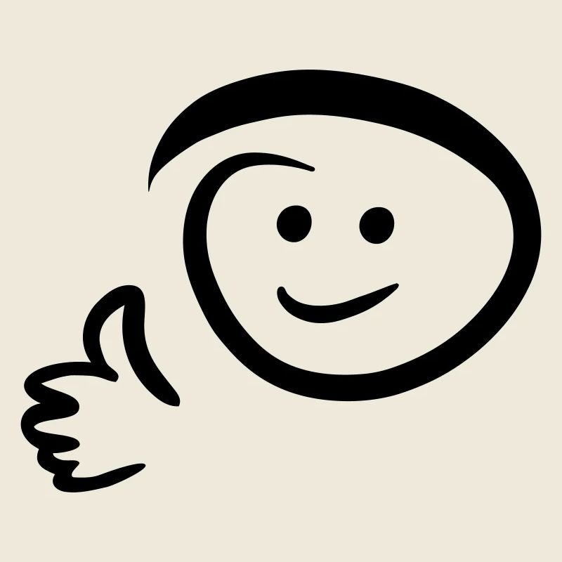 Face smiles, shows thumbs up. Emoticon