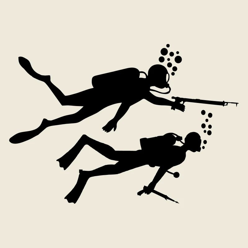 Two underwater divers with harpoons