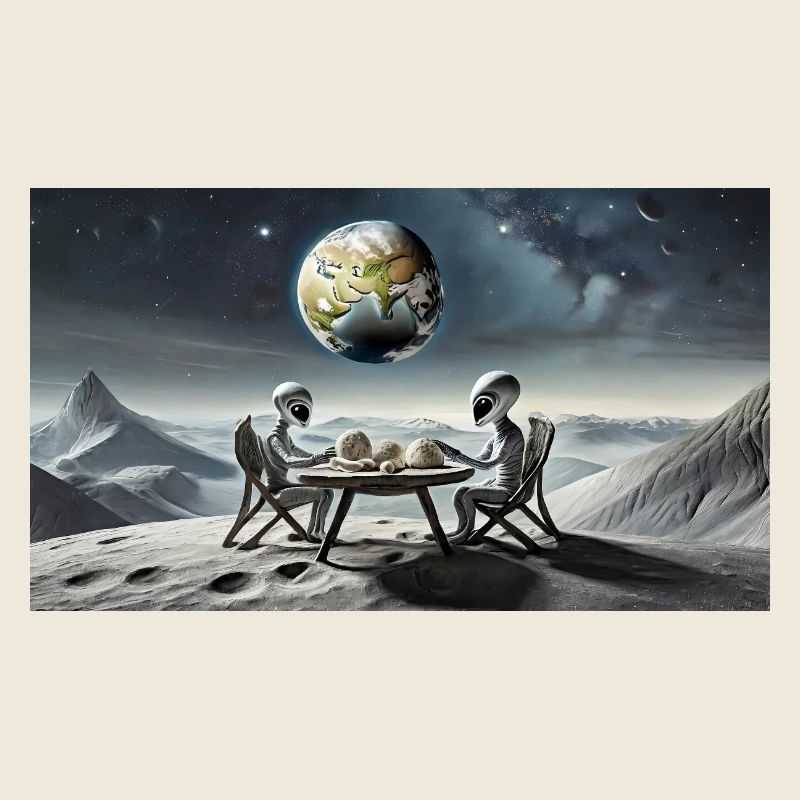 grey alien on the moon surface – eating dinner