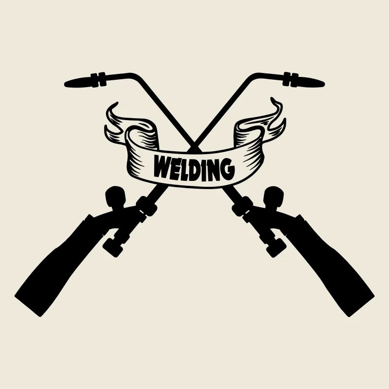 Two crossed welding machines with text banner