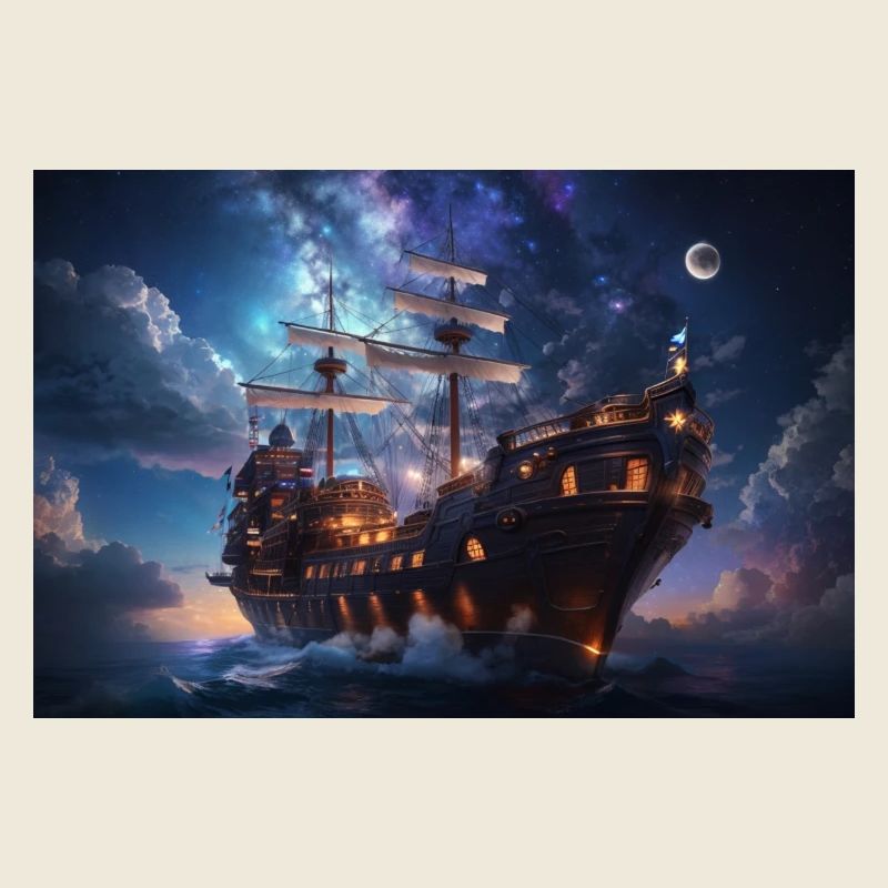 Beautiful sailing ship at night