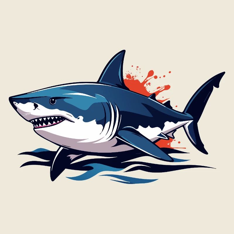 Blue Deep Sea Shark with Red Splashes White Shark