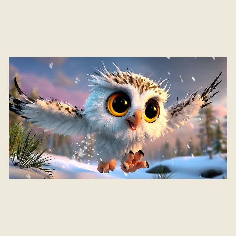 Flauschige Schnee-Eule mit Kulleraugen im Flug