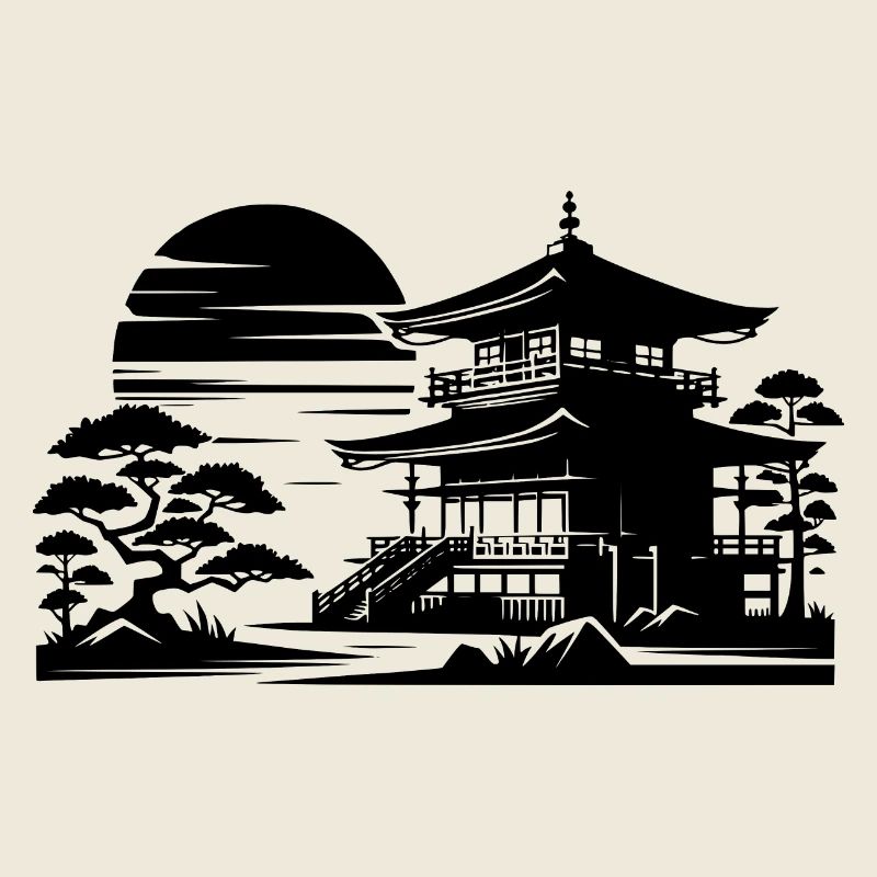 Sunset Temple Asian Landscape
