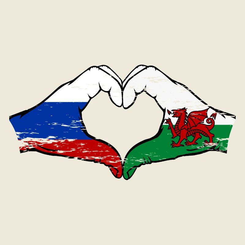 Russie Drapeau Pays de Galles mains forme de coeur utilisé