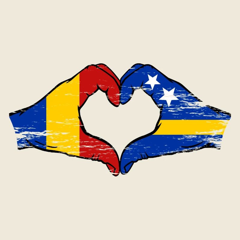 Mains du drapeau de Curaçao de la Roumanie en forme de cœur utilisées