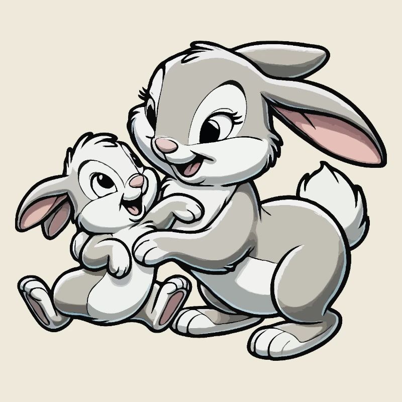 Mère lapin avec enfant gambadant gris