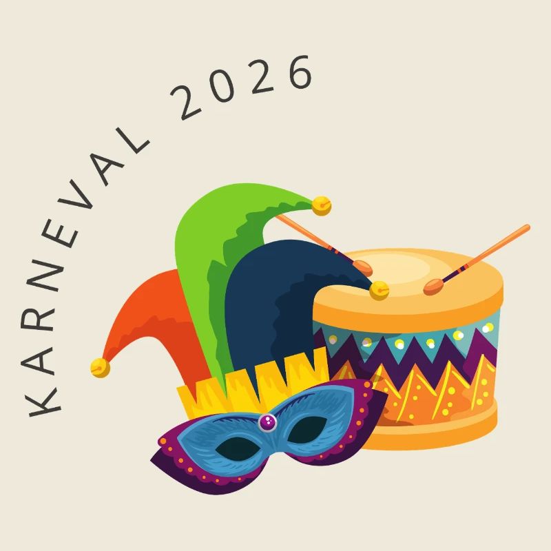 Karneval 2026 – Maske & Trommel buntes Design