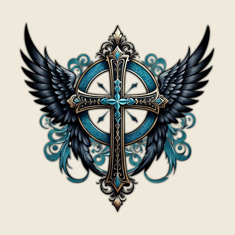 Cross adorned with wings.