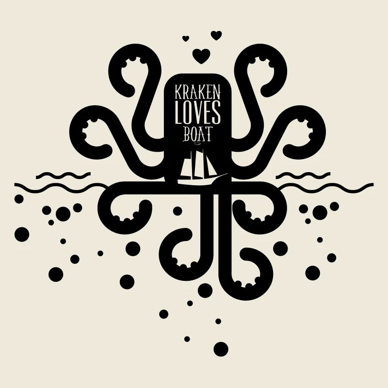 Cartoon Octopus with Hearts Embracing a Boat Illus