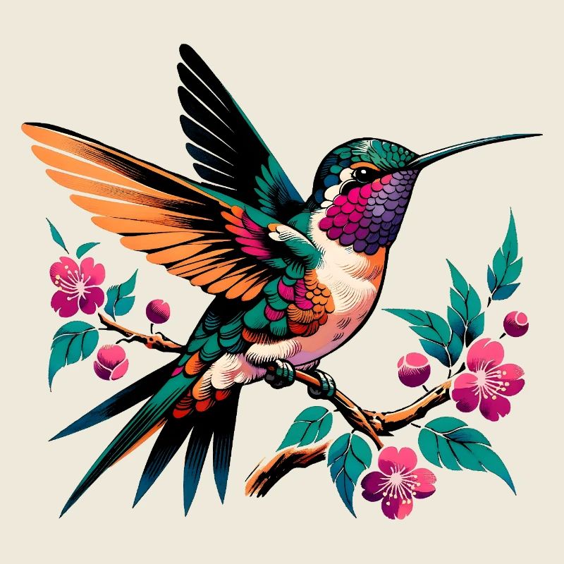 Vibrant Hummingbird on Blooming Branch