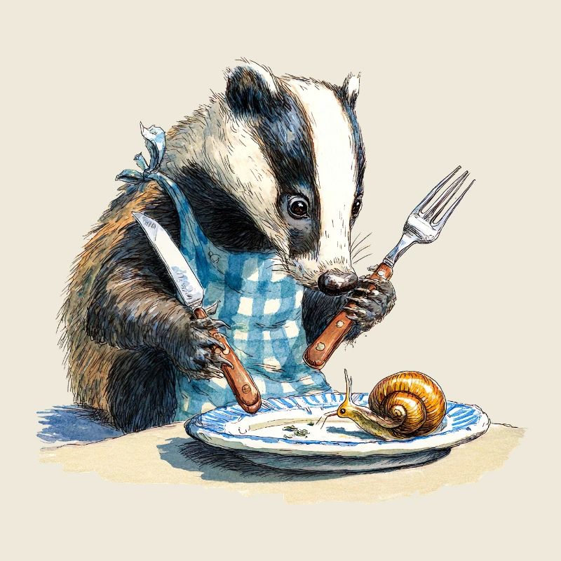 Blaireau à table avec un escargot