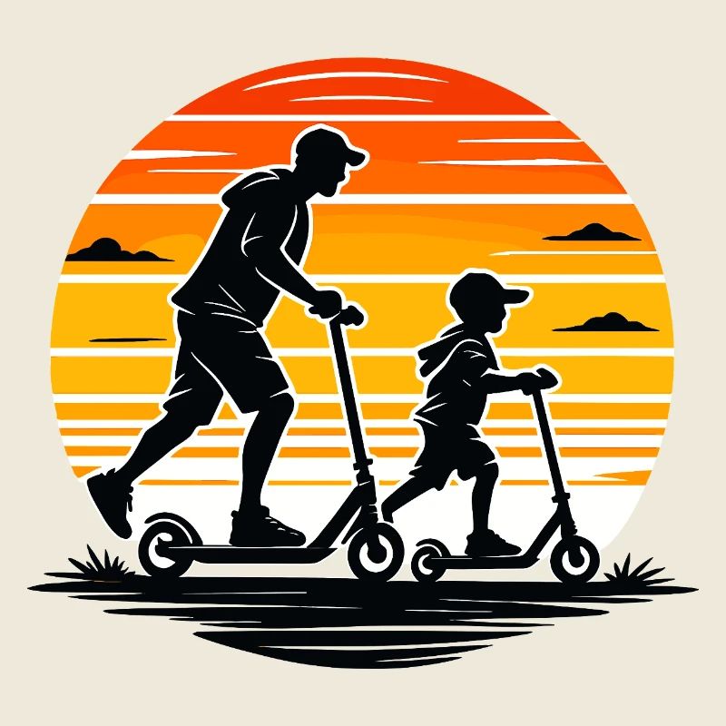 Scooter with child in retro sunset
