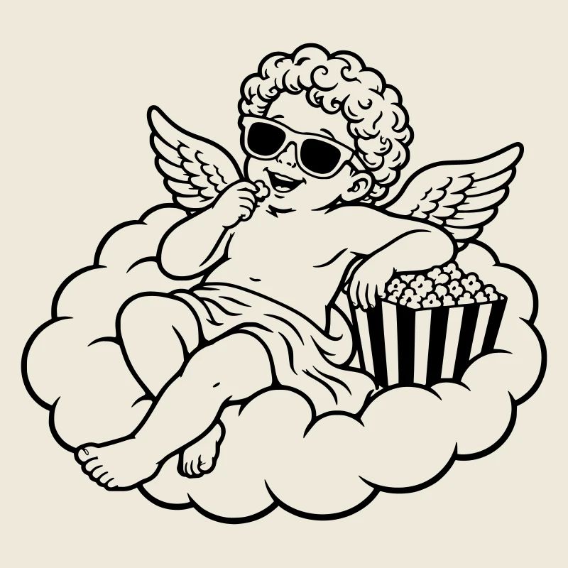 Cherub chillt mit Popcorn auf Wolke