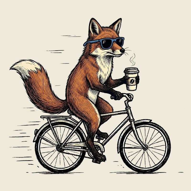 Fox on Bicycle with Coffee – Animal Humor